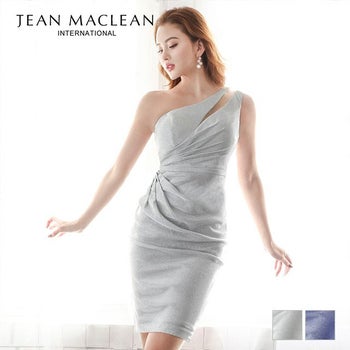 キャバドレス JEANMACLEAN [ジャンマクレーン] jm-md-21180z シャイニー ワンショルダー タイト ミディアム丈ドレス(シルバー/ネイビー)(S/Ｍ)[KAREN着用]