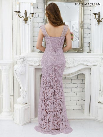 キャバドレス JEANMACLEAN[ジャンマクレーン] jm-ld-21187 総レース Vネック フロントスリット タイト ロングドレス(グレー×ラベンダー)(9号サイズ)