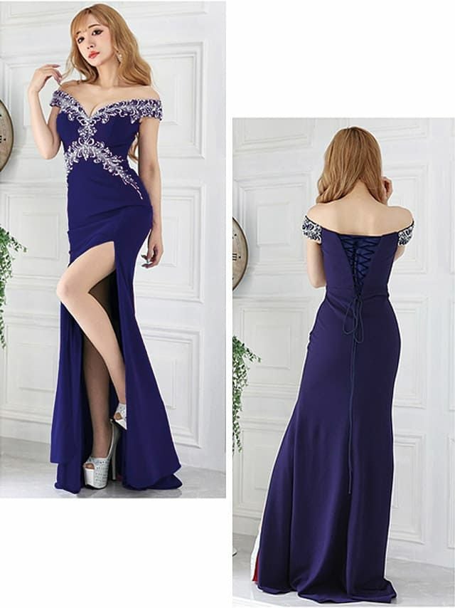 IRMA[イルマ]オフショル ビジュー 刺繍 スリット ワンカラー スピンドル 高級ロングドレス[パープルネイビー][真優川咲/キャバドレス着用][11048]