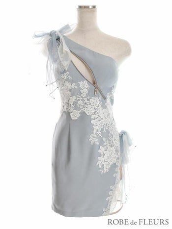 ROBEdeFLEURS ローブドフルール シフォンリボンｘアシンメトリー ジッパー タイト ミニドレス[2605]