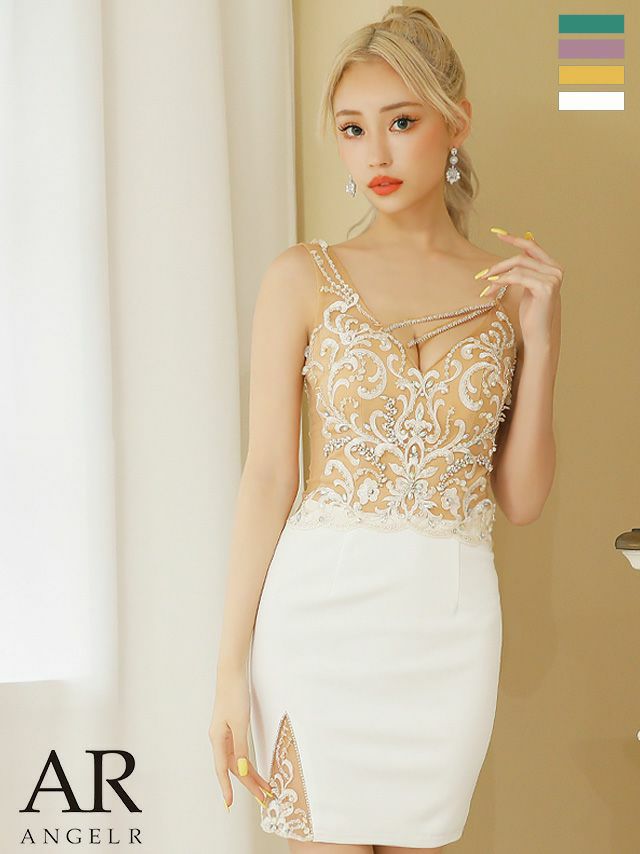 AngelR [エンジェルアール]フラワーレース スパンコール パールビジュー アシンメトリー ミニドレス[ふうか/キャバドレス着用][22838]