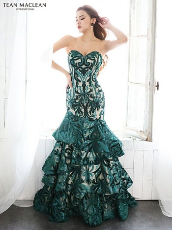 キャバドレス JEANMACLEAN[ジャンマクレーン]jm-ld-11019 ベアトップ スパンコール マーメイド ロングドレス(グリーンシャンパン)(9号サイズ)