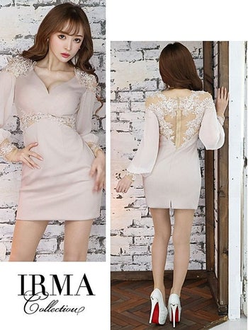 キャバドレス IRMA[イルマ]25782 長袖 刺繍レース シアー タイトミニドレス(グレージュ)(S/M)[真優川咲着用]