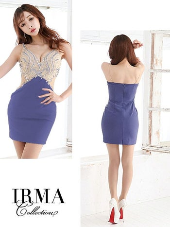 キャバドレス IRMA[イルマ]25779 デザインビジュー サイドシアー タイトミニドレス(ブルー)(S/M)[真優川咲着用]