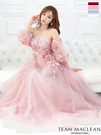 フラワートップパフスリーブ付き ベアトップ オフショルダー バースデー フレアロングドレス