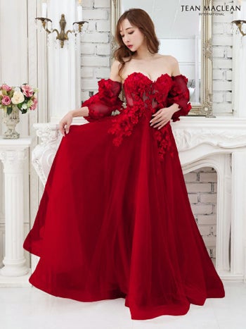 フラワートップパフスリーブ付き ベアトップ オフショルダー バースデー フレアロングドレス