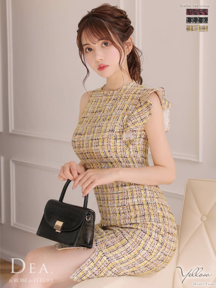 ディア バイ ローブドフルール [DEA]アシンメトリー フリル ツイード ビジュなしシンプル ひざ丈ドレス(イエロー/ブラック/レッド)( S/Lあり)[PyunA][2557a-0]
