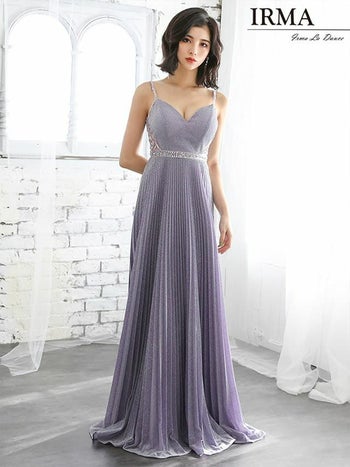 キャバドレス IRMA[イルマ]11917 ビジュー シアー キラキラ キャミソール プリーツ フレアロングドレス(9号サイズ)(ダヴグレー)