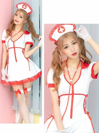 サイドレースアップ レース ミニスカート ナース ハロウィンコスプレ[みゆう][824214]