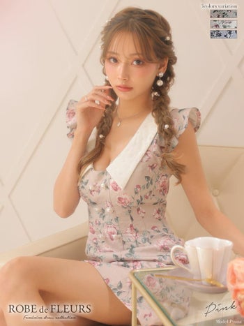 ROBEdeFLEURS ローブドフルール ローズジャガード フリルノースリーブ セミフレア ミニドレス[2457]