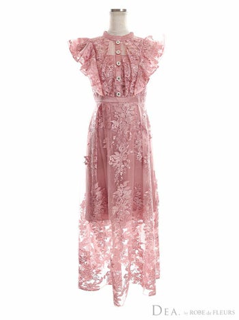 ディア バイ ローブドフルール [DEA] シースルー フリル 刺繍レース ノースリーブ フレアひざ丈ドレス(ピンク/シルバー/アイボリー)[ゆめ][2641-0]
