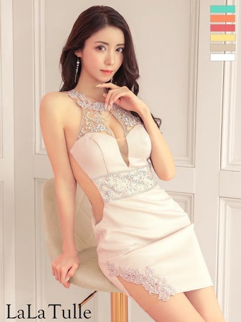 エンジェルアール [AngelR]フラワーレース デコルテチェーン ウエストビジュー ホルターネック ミニドレス[RIN][22825-3]