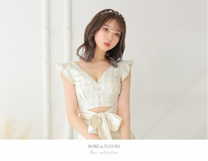 ROBEdeFLEURS ローブドフルール ウエストカット チェック柄 ラメツイード フリルノースリーブ セミタイト ミニドレス[2807]