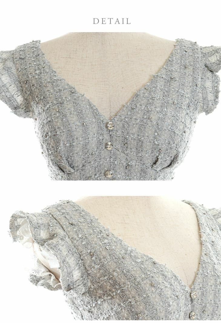 ROBEdeFLEURS ローブドフルール ウエストカット チェック柄 ラメツイード フリルノースリーブ セミタイト ミニドレス[2807]