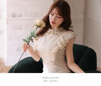 ROBEdeFLEURS ローブドフルール ビジュ襟 チェック柄 ツイード フリルノースリーブ タイト ミニドレス[2676]