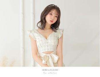 ROBEdeFLEURS ローブドフルール ウエストカット チェック柄 ラメツイード フリルノースリーブ セミタイト ミニドレス[2807-0]