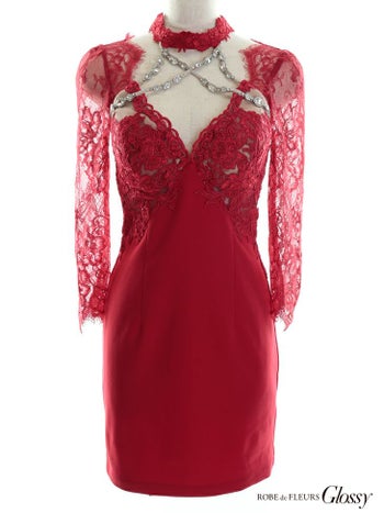 ROBEdeFLEURS Glossy[ローブドフルール グロッシー]クロスビジュ チョーカー レース五部袖 ワンカラー ミニドレス(レッド/ブラック/ホワイト/ブルー)[XS/Lあり][真優川咲][3108-1]