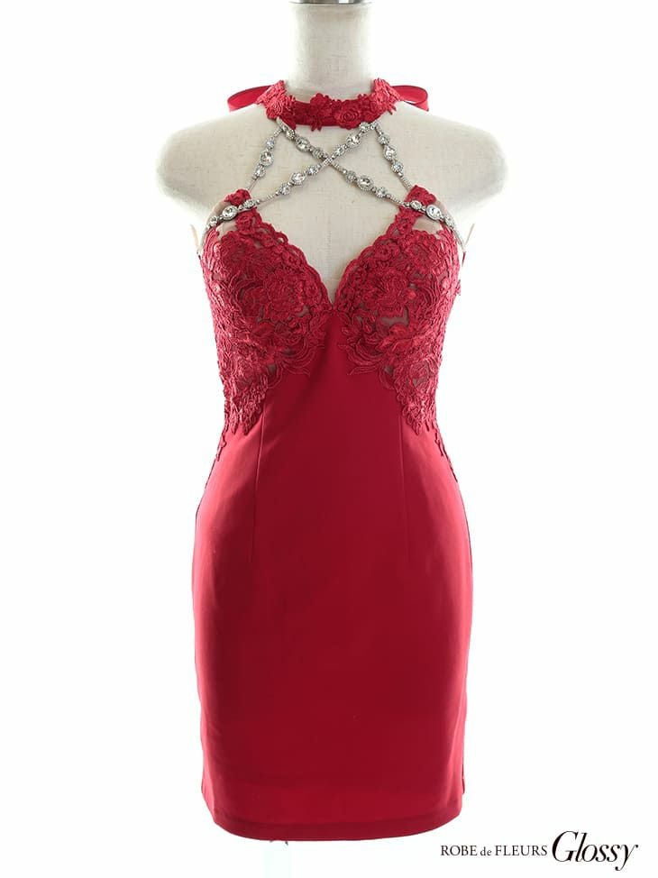 ROBEdeFLEURS Glossy[ローブドフルール グロッシー]クロスビジュ チョーカー ホルターネック ワンカラー ミニドレス(レッド/ブラック/ホワイト/ブルー)[真優川咲][3103-1]