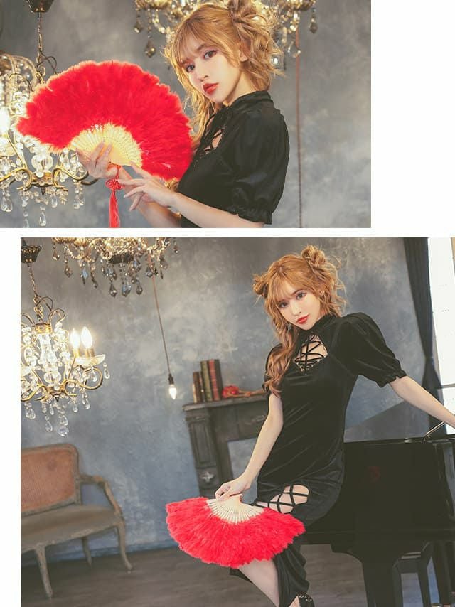 ベロア スリット レースアップ チャイナドレス ハロウィンコスプレ 1点set[ワンピース][ブラック][ゆんころ][825557]