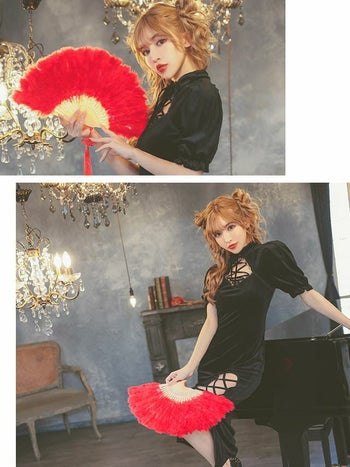 ベロア スリット レースアップ チャイナドレス ハロウィンコスプレ 1点set[ワンピース][ブラック][ゆんころ][825557]