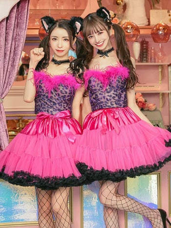 レオパード フェザー コルセット フリルスカート 猫 アニマル ハロウィンコスプレ 4点set [トップス+スカート+チョーカー+カチューシャ][チェリーピンク][一条響][824655-0]