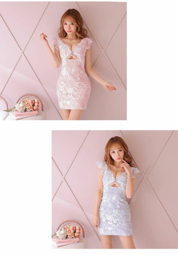 [ROBE de FLEURS][ローブドフルール] フラワーレース カットデザイン フリルノースリーブ ミニドレス[2806]