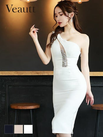 ヴュート[Veautt]グラデーションビジュー サイドジップ ワンショルダー ひざ丈ドレス(ホワイト/ピンクベージュ/ネイビー/グレー)(XSサイズ)[ゆめ][08228]