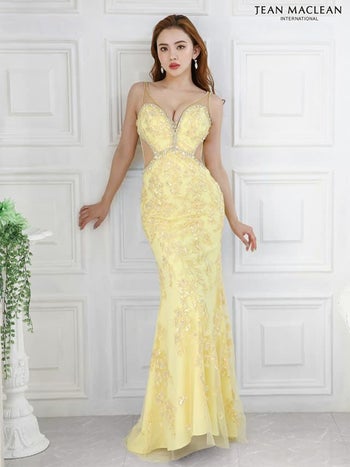 ジャンマクレーン JEANMACLEAN スパンコール シースルー ビジュー タイトロングドレス(イエロー)[KAREN][21240]
