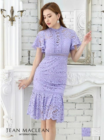 ジャンマクレーン JEANMACLEAN 総レース 切替 シースルー マーメイド ミディアム丈ドレス(ライラック/アイボリー)[KAREN][25802-0]