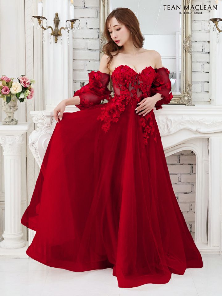 ジャンマクレーン JEANMACLEAN フラワー ベアトップ パフスリーブ付き フレアロングドレス(ピンクベージュ/アイボリー/ブルー)[真優川咲][21227-0]