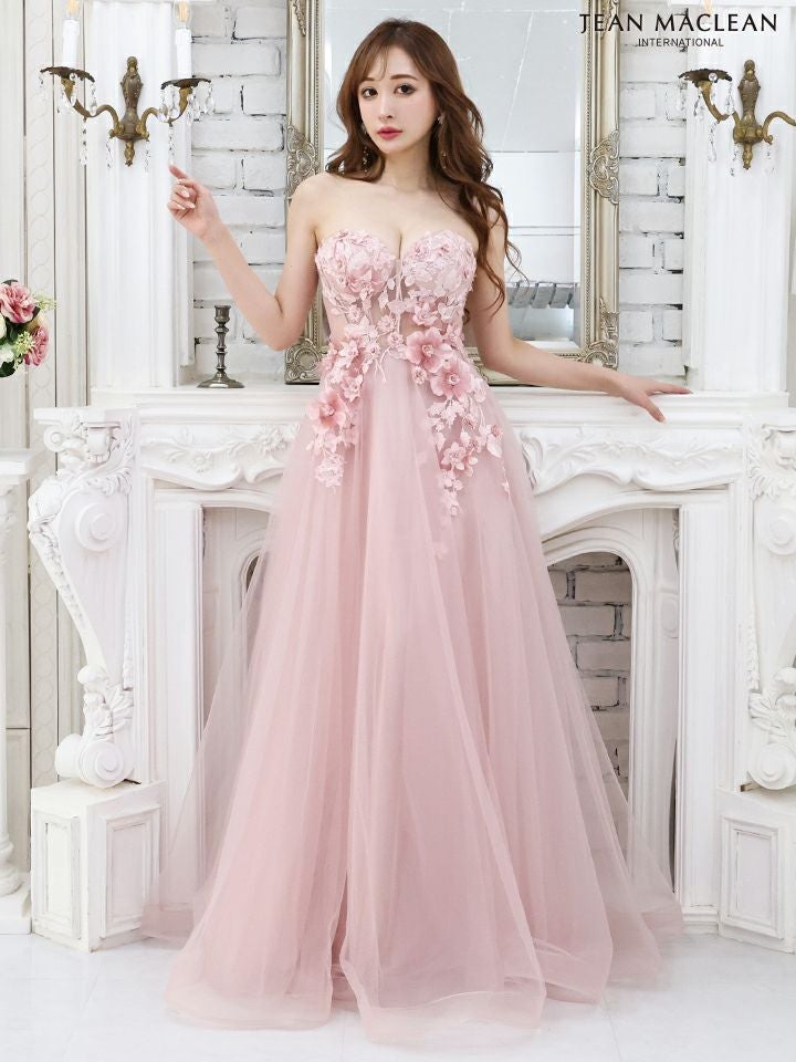 ジャンマクレーン JEANMACLEAN フラワー ベアトップ パフスリーブ付き フレアロングドレス(ピンクベージュ/アイボリー/ブルー)[真優川咲][21227-0]