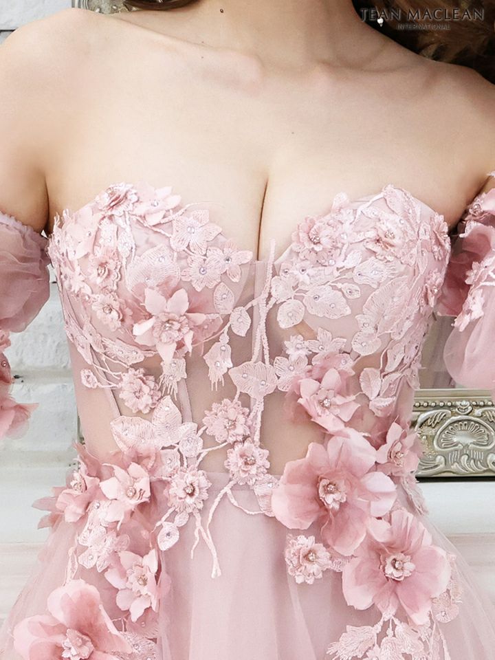 ジャンマクレーン JEANMACLEAN フラワー ベアトップ パフスリーブ付き フレアロングドレス(ピンクベージュ/アイボリー/ブルー)[真優川咲][21227-0]