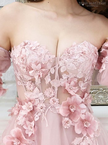 ジャンマクレーン JEANMACLEAN フラワー ベアトップ パフスリーブ付き フレアロングドレス(ピンクベージュ/アイボリー/ブルー)[真優川咲][21227-0]