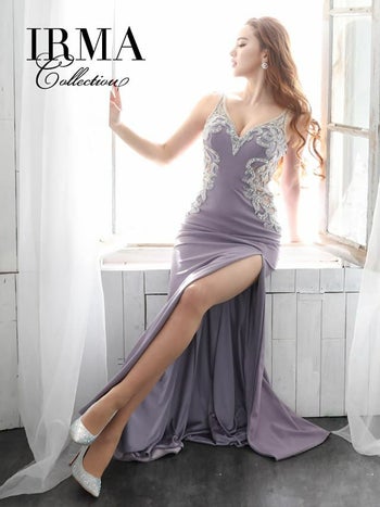 イルマ IRMA ビジュー 刺繍 ワンカラー サイドシアー タイト ロングドレス(ダブグレー)[KAREN][21162]