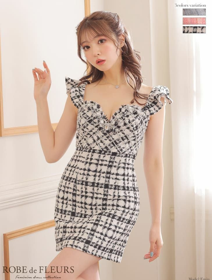 ROBEdeFLEURS [ローブドフルール]大粒ビジュー ラメツイードミニドレス[2655-3]