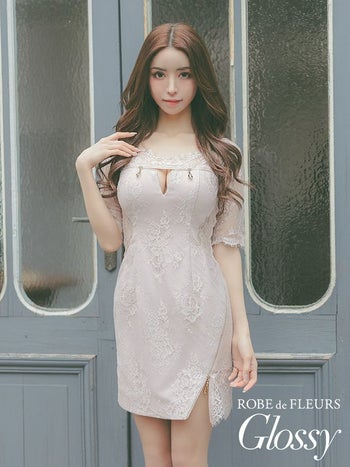 ROBEdeFLEURS Glossy[ローブドフルール グロッシー]オフショル フロント ジッパー タイト 高級ミニドレス[XS/Lあり][一条響/キャバドレス着用][2413-8]