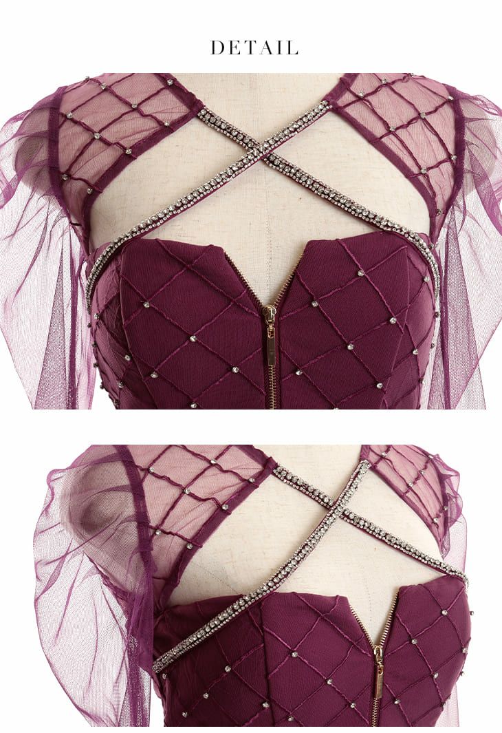 ROBEdeFLEURS Glossy[ローブドフルール グロッシー]フロントジップ チュール長袖 ストレッチ ミニドレス[2910]