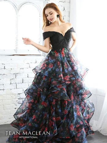 JEANMACLEAN[ジャンマクレーン]フラワー柄シフォン 刺繍レース オフショル フレア ロングドレス[11039-1]