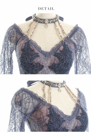 ROBEdeFLEURS Glossy[ローブドフルール グロッシー]ウエストシースルー ビジュー レース七分袖 ミニドレス[3106-2]