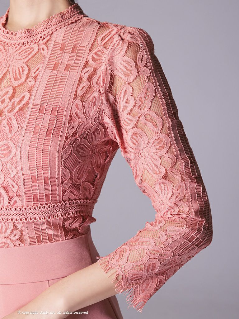 キャバドレス ミニ ドレス ANDY アンディ 刺繍 フラワー レース ゴールド ボタン 切り替え 袖あり プリーツ フレアミニドレス