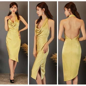 [Veautt][ヴュート]ドレープホルター ネックビジュー ジップスリット ひざ丈ドレス[08222]