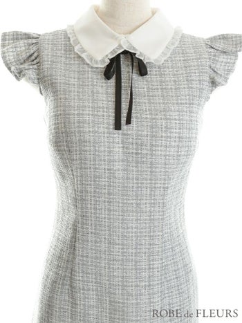 ROBEdeFLEURS [ローブドフルール]フリル襟付き ラメツイード ミニドレス[2747]