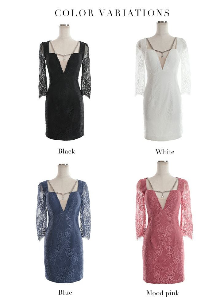 ROBEdeFLEURS Glossy[ローブドフルール グロッシー]ラインビジュー レース七分袖 タイト 高級ミニドレス[真優川咲/キャバドレス着用][2826]