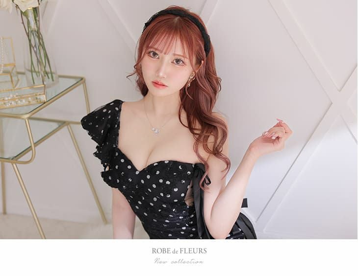 ROBE de FLEURS[ローブドフルール]ドット フラワーレース サイドリボン フリル ワンショルダー タイト 高級ミニドレス[真優川咲/キャバドレス着用][2937]