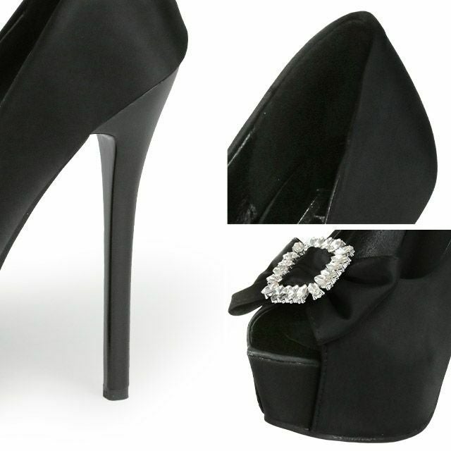 キャバヒール Rechercher[ルシェルシェ] サテン ビジュー リボン付 オープントゥ キャバ パンプス[ブラック][22.0ｃｍ～25.0ｃｍ][14cmヒール]