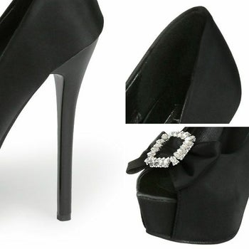 キャバヒール Rechercher[ルシェルシェ] サテン ビジュー リボン付 オープントゥ キャバ パンプス[ブラック][22.0ｃｍ～25.0ｃｍ][14cmヒール]