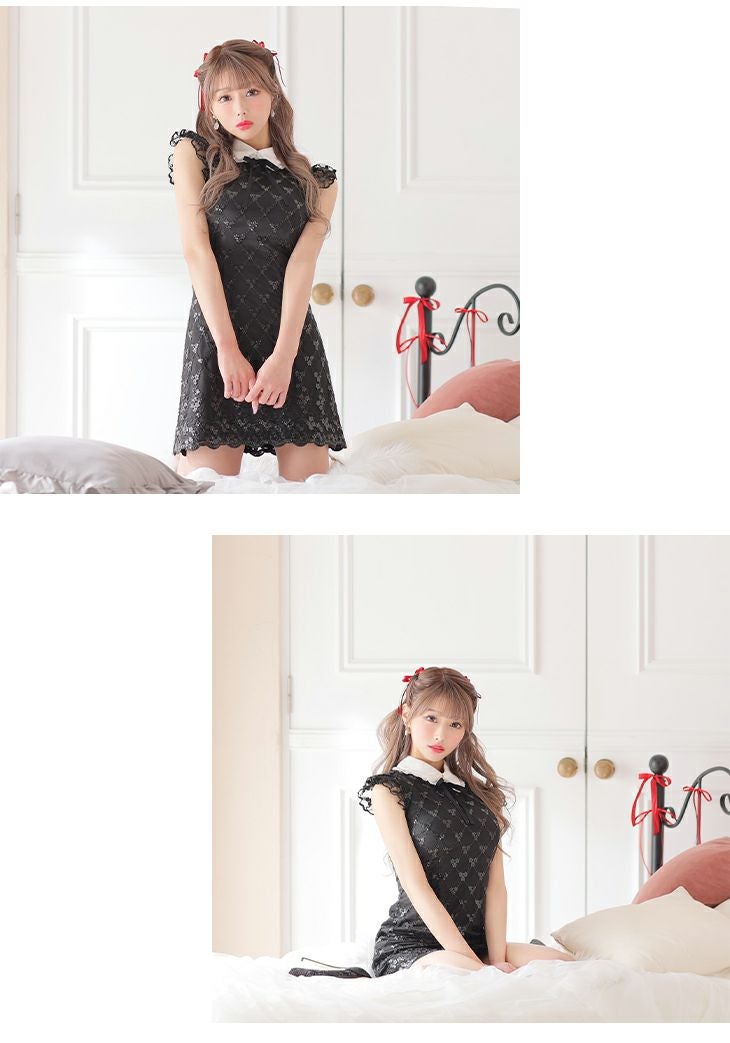 ROBE de FLEURS[ローブドフルール]ビーズレース リボン襟付き フレア 高級ミニドレス[齋藤あみり/キャバドレス着用][2739]