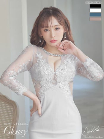 ROBEdeFLEURS Glossy[ローブドフルール グロッシー]刺繍レース チュール長袖 ストレッチ 高級ミニドレス[XSあり][真優川咲/キャバドレス着用][2614-1]