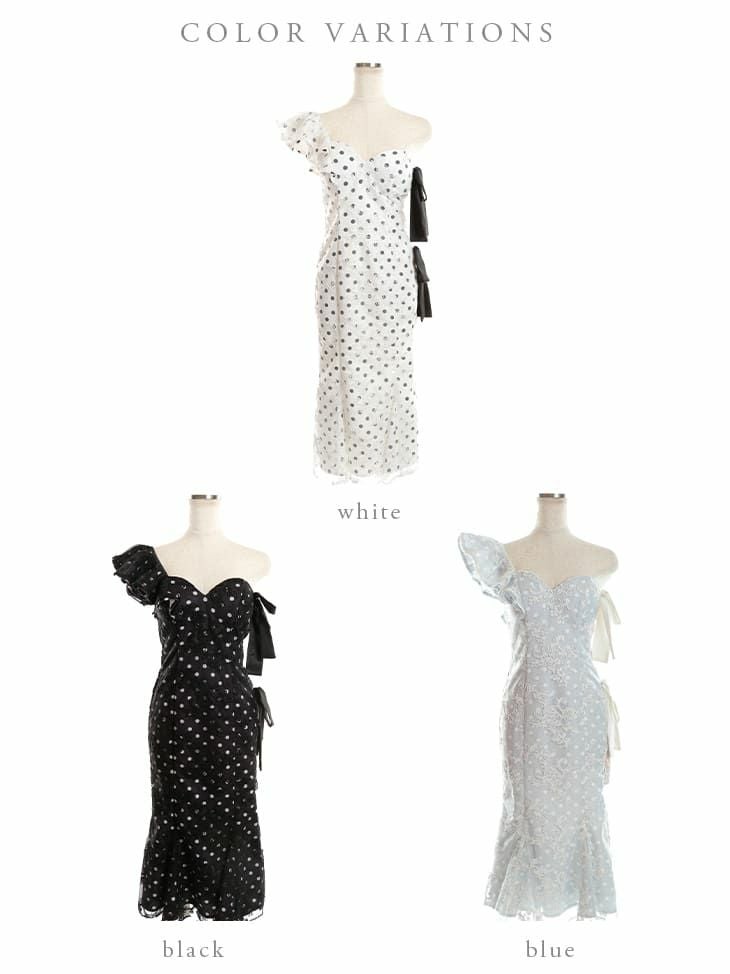 ROBE de FLEURS[ローブドフルール]ドット レース リボン アシンメトリー タイト 高級ロングドレス[めぐりっぷ/キャバドレス着用][2670-1]