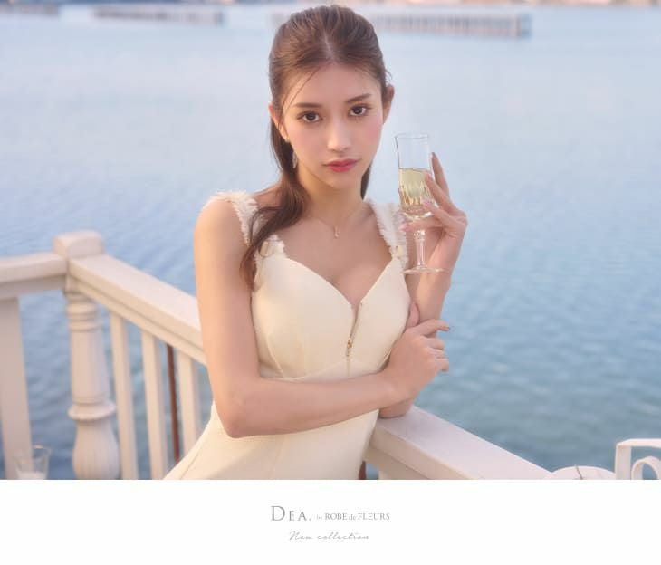 DEA by ROBEdeFLEURS[ディア バイ ローブドフルール]バストジップ ゴールドボタン ツイード 高級ロングドレス[ブルー][Lあり][ゆめ/キャバドレス着用][2835-0]